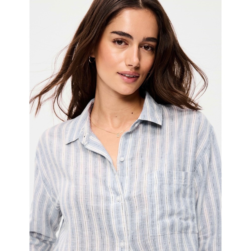 Old Navy Linen Blend Boyfriend Shirt Women Medium Blue White Striped Button Down